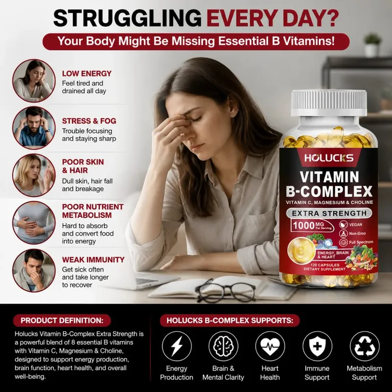 Suplemento de complexo de vitamina B, rico em B1 B2 B3 B5 B6 Biotina, força, suporte energético, cérebro e coração, promove o metabolismo