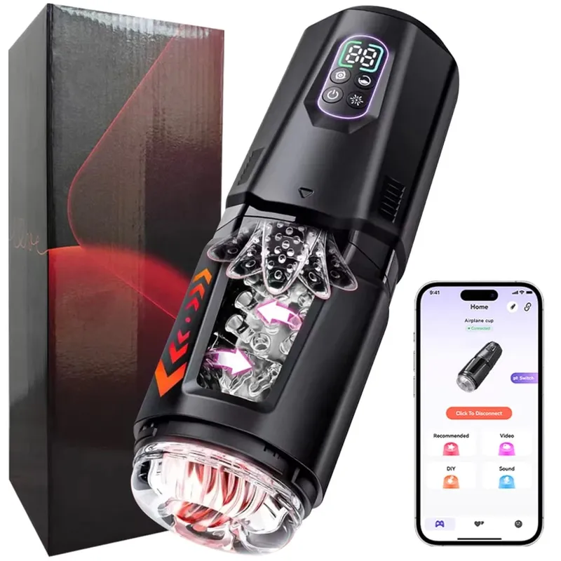 Automático 360 ° Rotação Empurrando Masturbador Masculino Lambendo Pênis Vibrador Display LCD Stroker Bolso Buceta Brinquedos Sexuais para Homens