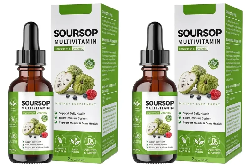 Suplemento à base de plantas de extrato de ervas em gotas líquidas de graviola com mistura de frutas e folhas de graviola, fórmula diária de bem-estar vegano