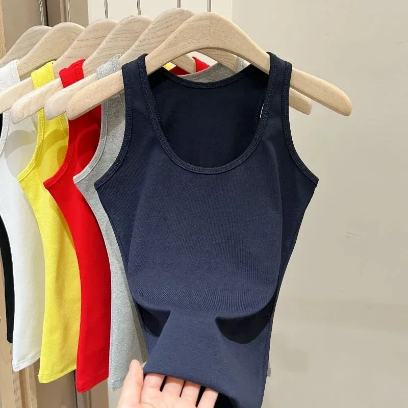 New Korean Style U-Neck Sleeveless Strap Tank Tops Slimming Base Layer Top Fashion Minimalist Design Summer Female Solid Camis
