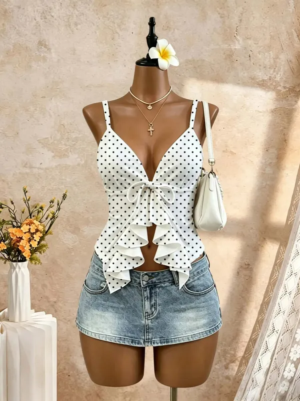 Feminino fino cinta de espaguete profundo v frente auto tie plissado hem magro colheita camisola 2026 verão y2k sólido branco sem mangas saindo