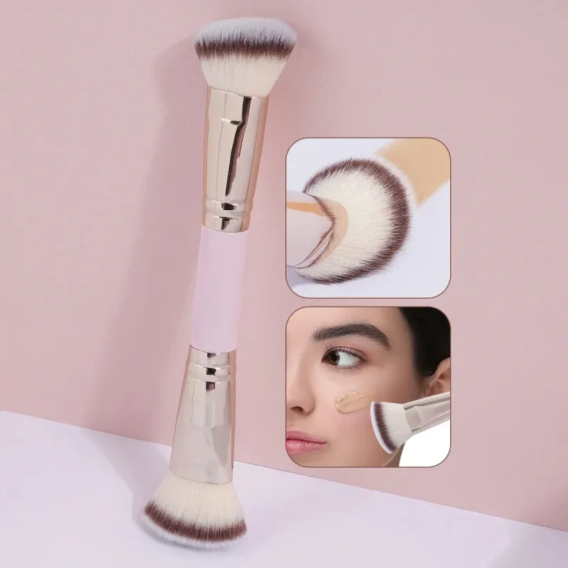Pincéis de maquiagem de cabeça dupla 2 em 1 pincel plano/angular para contorno e corretivo de base para misturar creme líquido em pó solto — image 2
