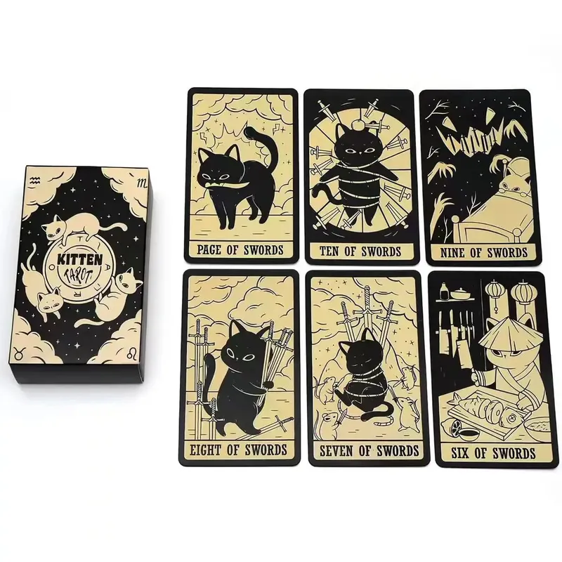 Cartas de tarô para gatinhos, 78 peças, baralho de gato preto, oráculo, adivinhação, bruxaria, animais fofos, para iniciantes, espiritualidade, jogo de tabuleiro, gif
