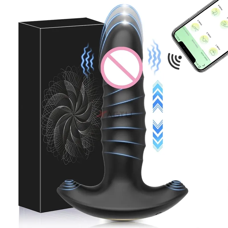 Empurrando Butt Plug para Homens Massageador de Próstata APP Vibrador Anal Telescópico Vibratório Anal Plug Estimulador de Próstata Brinquedo Sexual Homens