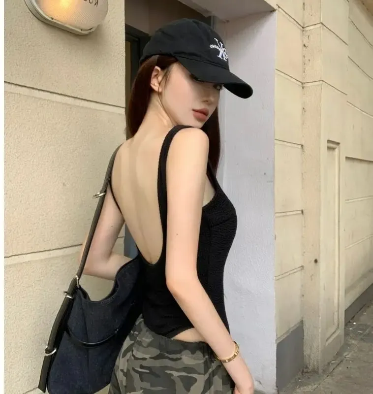 黑色吊帶連身衣性感露背羅紋連身衣連衣繩女性感無袖背心手套連身衣身體女