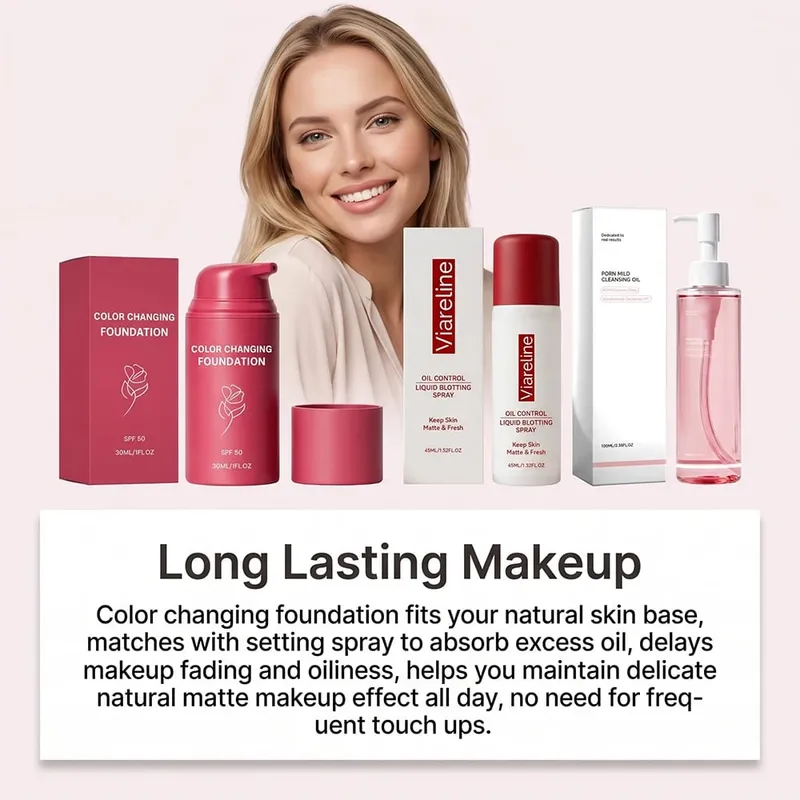Kit de maquiagem 3 em 1, óleo de limpeza, base em spray, fosco, longa duração, hidratante suave, acabamento natural, conjunto diário