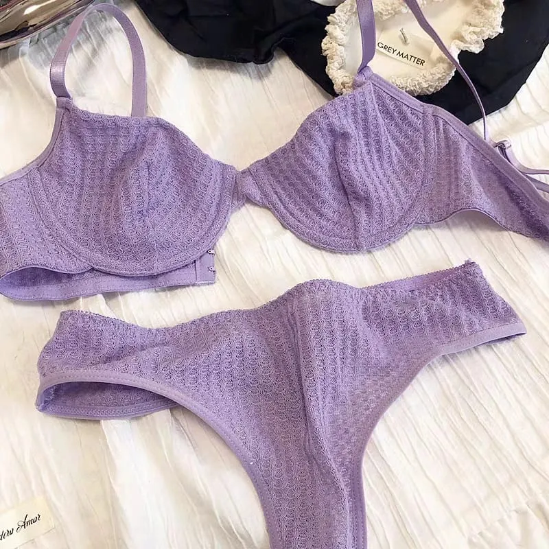 Conjunto de sutiã liso casual feminino elegante conjunto de lingerie elástica tanga fina conjunto de sutiã e calcinha