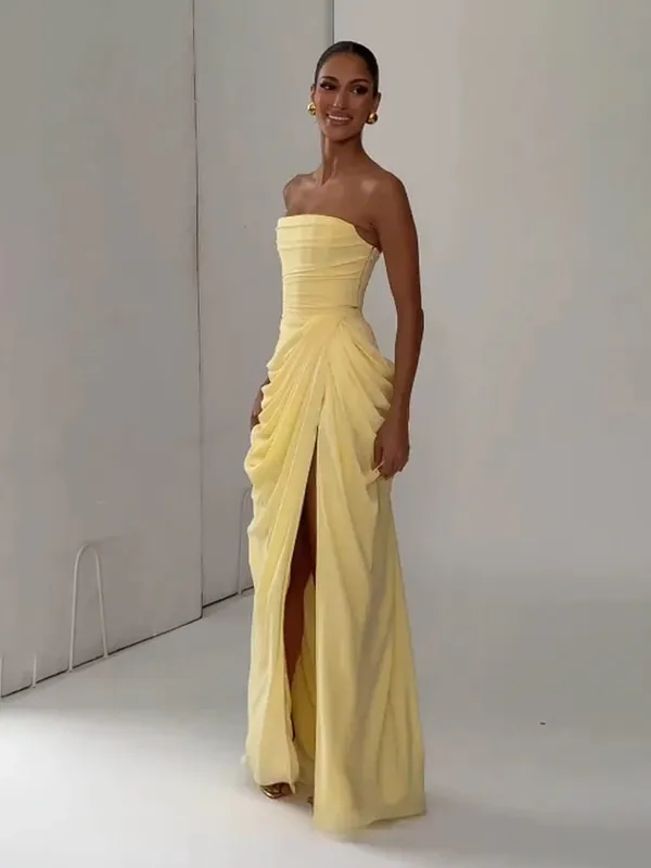 Elegante sólido plissado sem alças maxi vestido amarelo fora do ombro sem costas cintura alta dividir robe 2026 nova senhora vestido de festa à noite