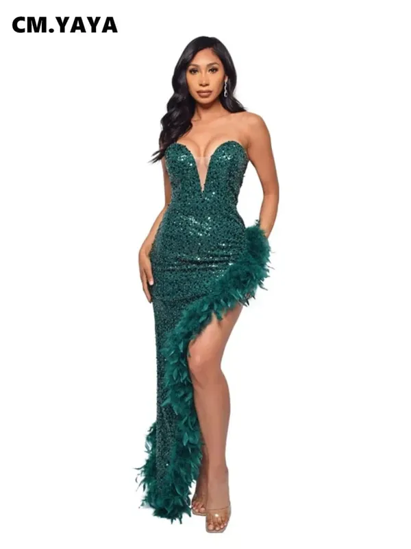 yaya feminino lantejoulas sem alças pena alta lateral divisão sem alças bodycon midi maxi vestido sexy clube até vestidos de festa