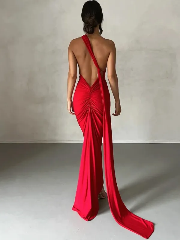 Hugcitar um ombro sem costas ajustável cachecol laço ruched sexy maxi vestido 2025 feminino elegante y2k streetwear festival outfit