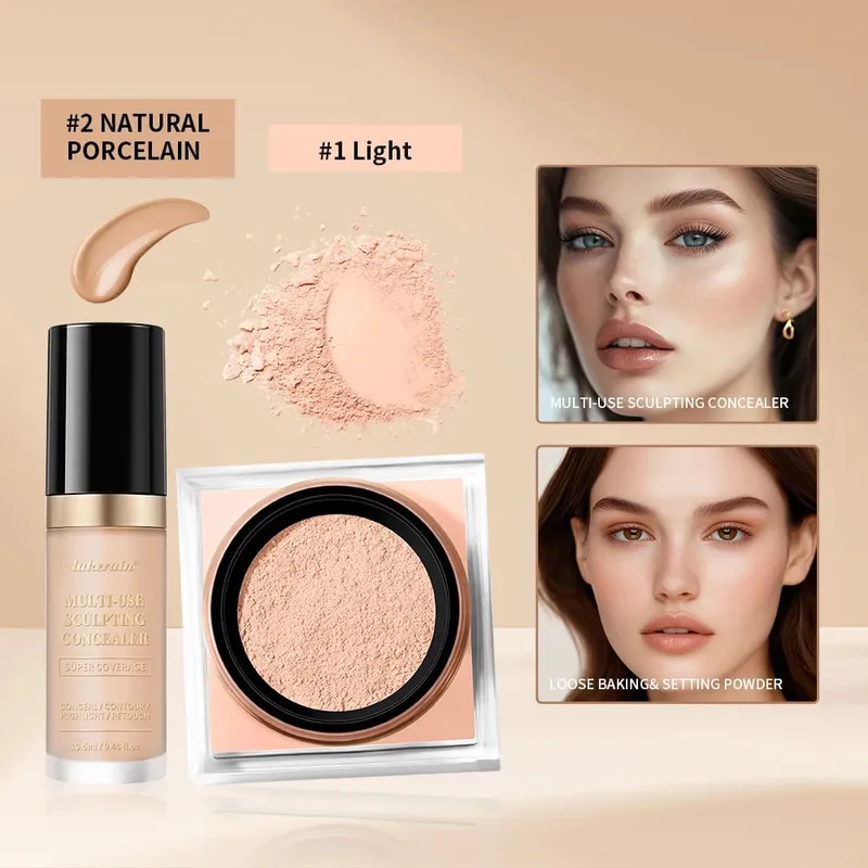 2pcs Face Makeup Set With Concealer And Loose Setting Powder Natural Face Smooth Matte Finish Women Cosmetics Korean Makeup