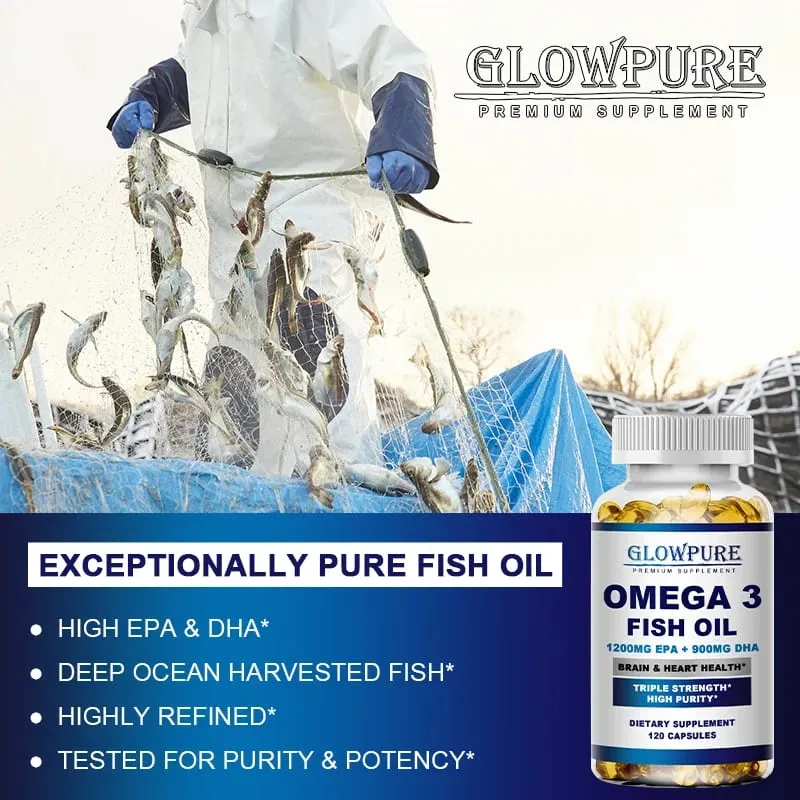 Óleo de peixe OMEGA-3 para função cognitiva do cérebro e memória Anti-Inflamação Antioxidante Saúde das Articulações - Rico em DHA e EPA