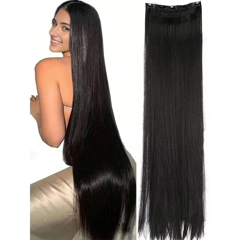 Longo reto 5 clipes de extensão do cabelo 32 Polegada clipe em extensões de cabelo para mulheres sintético natural em linha reta clipe de cabelo pedaço — image 2