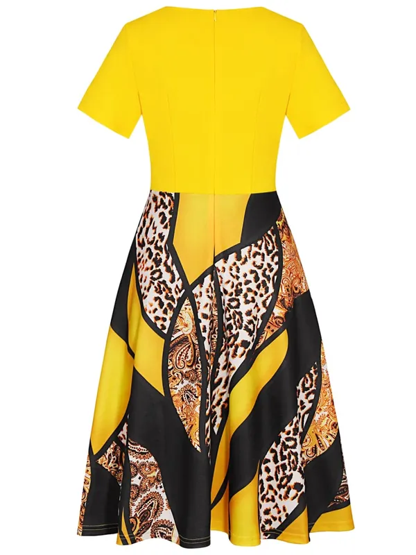 Vestido feminino manga curta elegante floral trabalho escritório linha A patchwork midi casual festa slim fit e flare vestido evasê