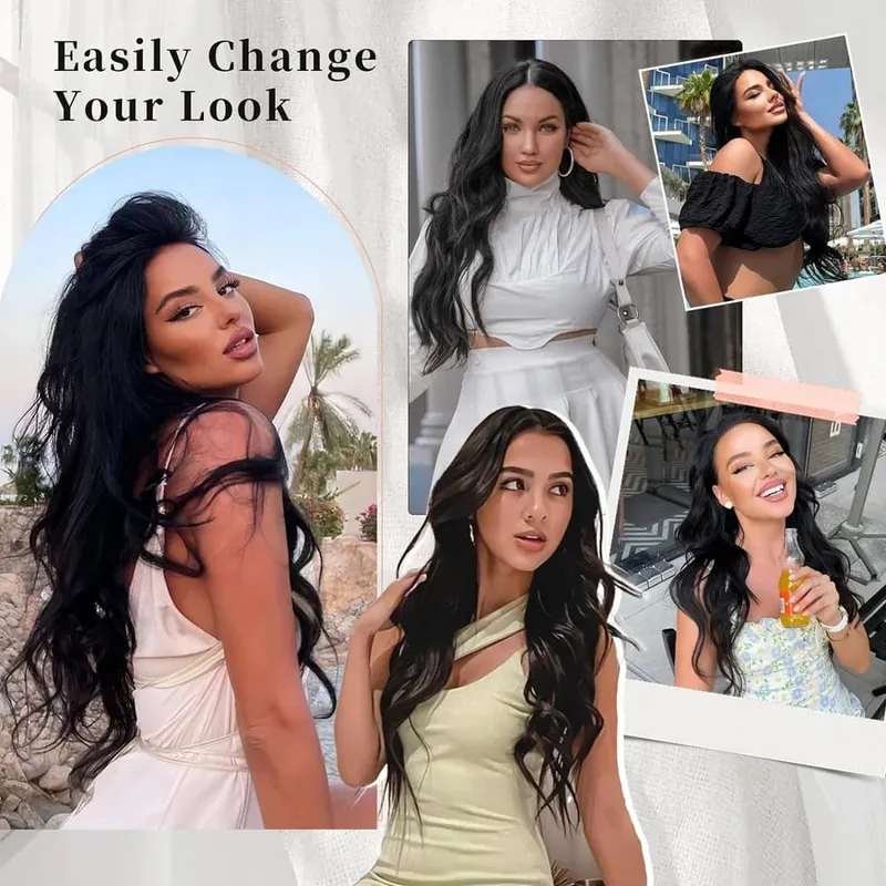 Black Halo Hair Extensions with Invisible Wire Adjustable Size 22inch Long Synthetic Wavy Curly Hairpieces for Women No Clip