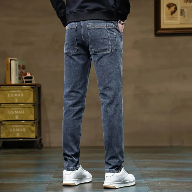 Versatile Six-Pocket Design Jeans Men's Loose Straight Leg Pants Stretchy Comfortable for Outdoor Hiking Activities All Seasons