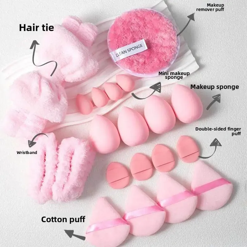 20 pçs conjunto de esponja de maquiagem liquidificador triângulo pó puff mini corretivo esponja rosto limpo lavagem puff bandana kit