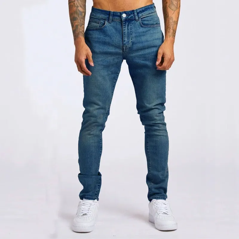 Mens Jeans Elastic Skinny Solid Color Stretch Pencil Pants Slim Fit Denim Jeans Jogging Streetwear Cowboy Casual Trousers Blck