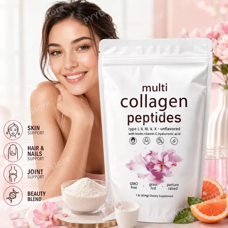 Multi Peptídeos de Colágeno em Pó 454g Mistura de Colágeno Sem Sabor com Vitamina C Biotina Ácido Hialurônico Pele Cabelo Unhas Suporte