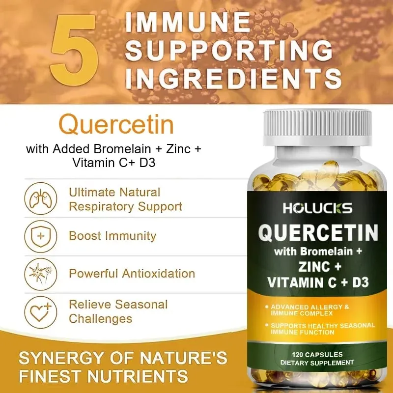 Suplemento avançado de quercetina vitamina C + D3 com bromelaína para imunidade, saúde da pele e ossos fortes, vitalidade geral vegana
