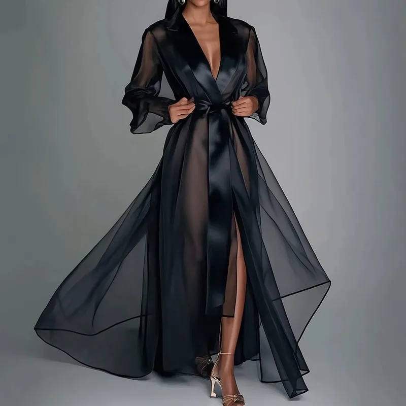 Vestido maxi feminino sólido organza ver através da lapela manga longa robe verão outono moda rendas até vestido de festa de seda de cetim