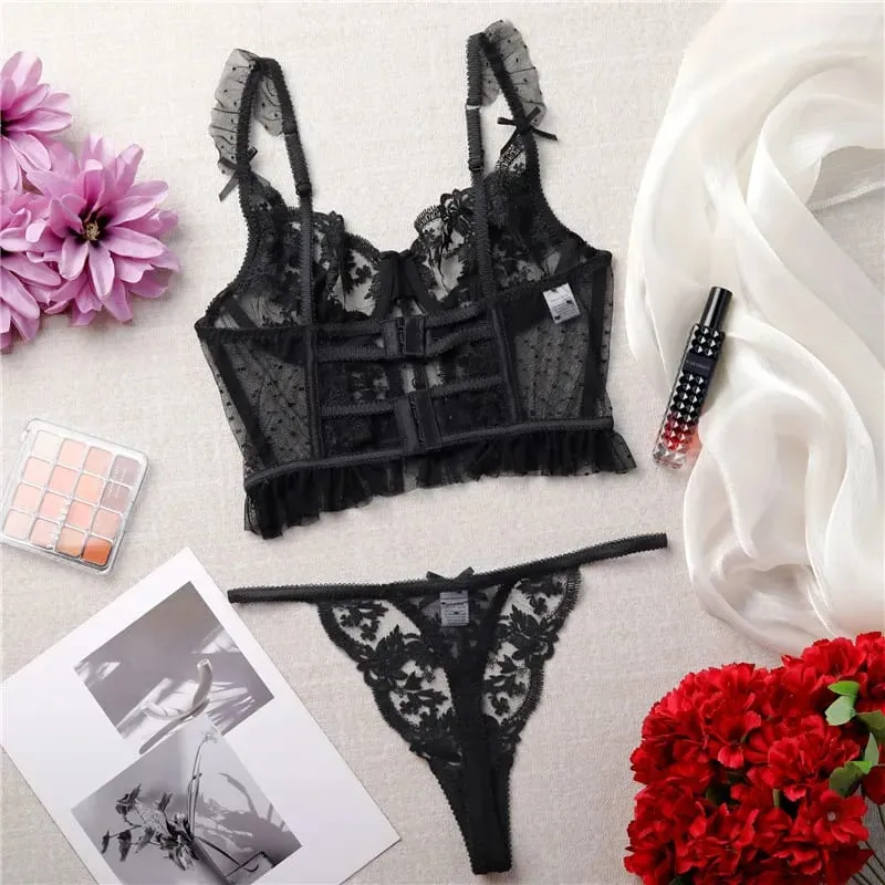 Sexy sutiã breve conjunto babados dot lingerie bordado flores calcinha sólida roupa interior rendas dois fechamento traseiro conjuntos exóticos íntimos