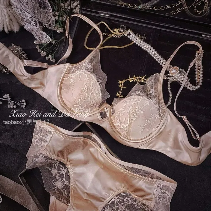 French Satin Lace Ladies Bra Set Push Up Anti Sagging Full Coverage Lingerie Soft Breathable Comfort Underwear Daily Use 32‑38AB