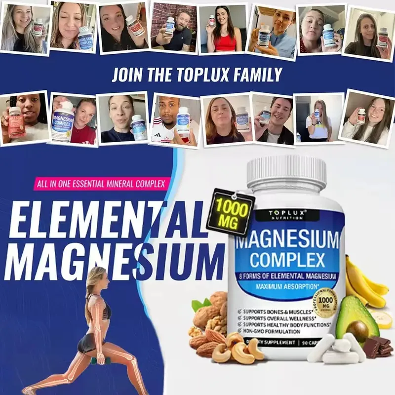 Magnesium Complex Supplement | 1000mg Magnesium Glycinate Malate Citrate | 8 Elemental Chelated Formula | Vegan Non-GMO 90 C