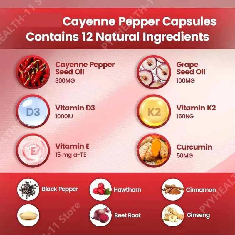 Suplemento de cápsulas de pimenta caiena com semente de uva, beterraba, cúrcuma, vitaminas D3 K2, suporte de ervas, veias das pernas, saúde dos vasos sanguíneos