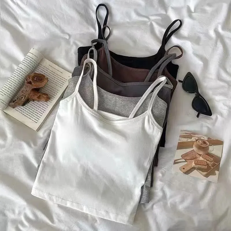 2 pçs/set feminino básico algodão camisola senhora cor sólida cintas de espaguete sem mangas coletes finos respirável curto sem mangas topos