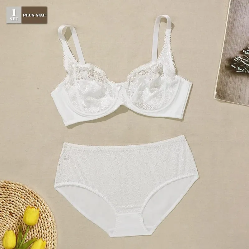 Female Big Size Lace Lingerie Set Bra with Wire Unlined Thin Breathable Bra and Panties Set 85C-110E