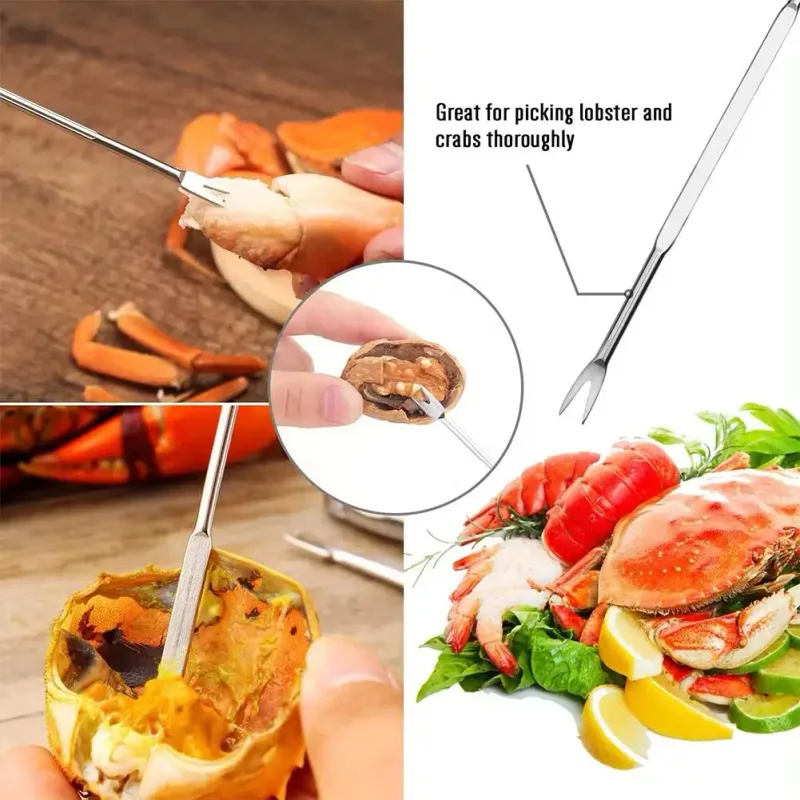 1 conjunto de aço inoxidável garfo de caranguejo ferramentas de frutos do mar lagosta cracker garfos porca cracker concha garra lagosta shellers caranguejo perna cracker kit