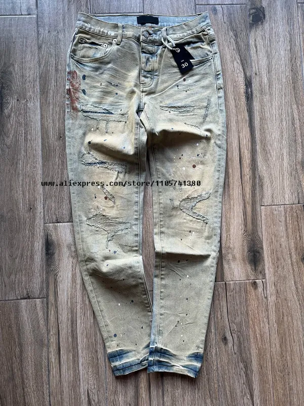 Calça jeans masculina alta rua desgastada, lavada, azul claro, graffiti, buracos danificados, stretch, botão magro, rasgado