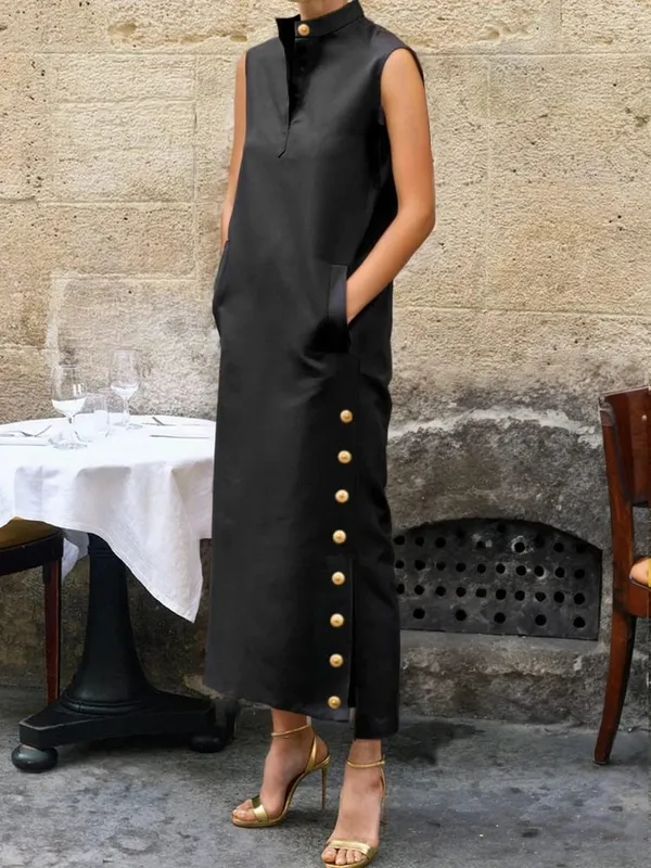 Yeezzi moda feminina split-side abotoado gola vestidos de noite 2026 nova sem mangas cor sólida linha h camisas casuais vestido