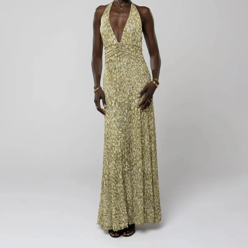 Combhasaki Mulheres Verão Sem Mangas Tie-up Halter Decote Em V Profundo Backless Flor/Pontos Estampado Plissado Hem Malha Ruched Vestido Longo Linha A