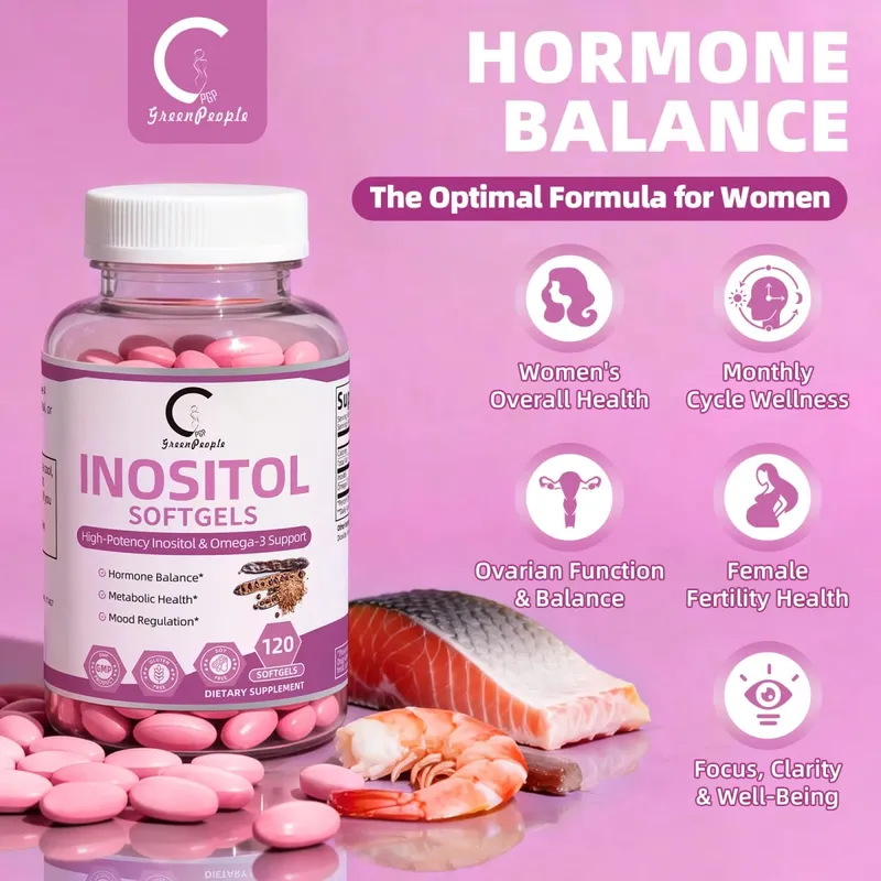 Cápsula de inositol com ômega-3, 120 peças, suporta função ovariana, equilíbrio hormonal, suplementos de fertilidade para mulheres