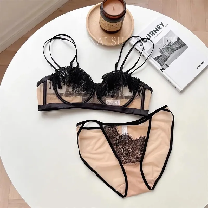 Premium Sheer Mesh Bra Set Fringed Lace Half-Cup Minimizer Ultra-Thin Luxury Lingerie Full Bust Coverage Slim Silhouette