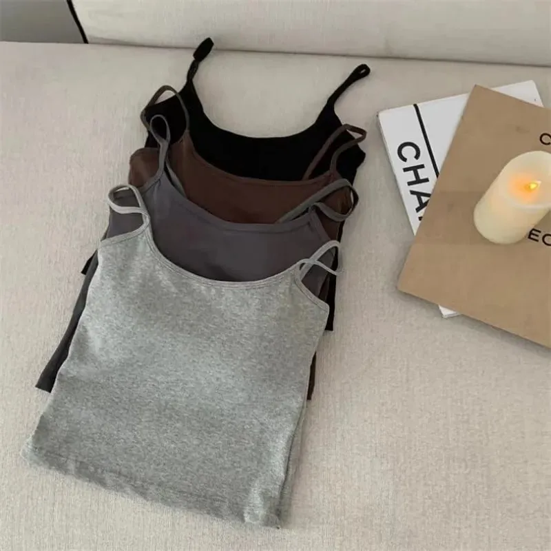 2 pçs/set feminino básico algodão camisola senhora cor sólida cintas de espaguete sem mangas coletes finos respirável curto sem mangas topos