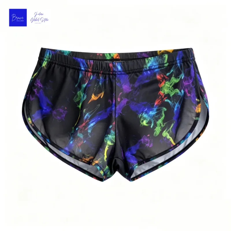 Moda exclusiva masculina com estampa de fumaça, calções de seda gelo com lado dividido, cintura baixa, secagem rápida, shorts esportivos para academia, corrida diária