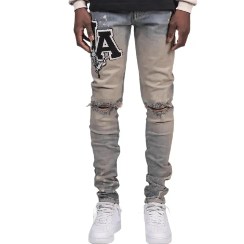 Kakan - Novo jeans masculino azul slim fit com remendo Y2k com design estampado jeans longo marca masculina
