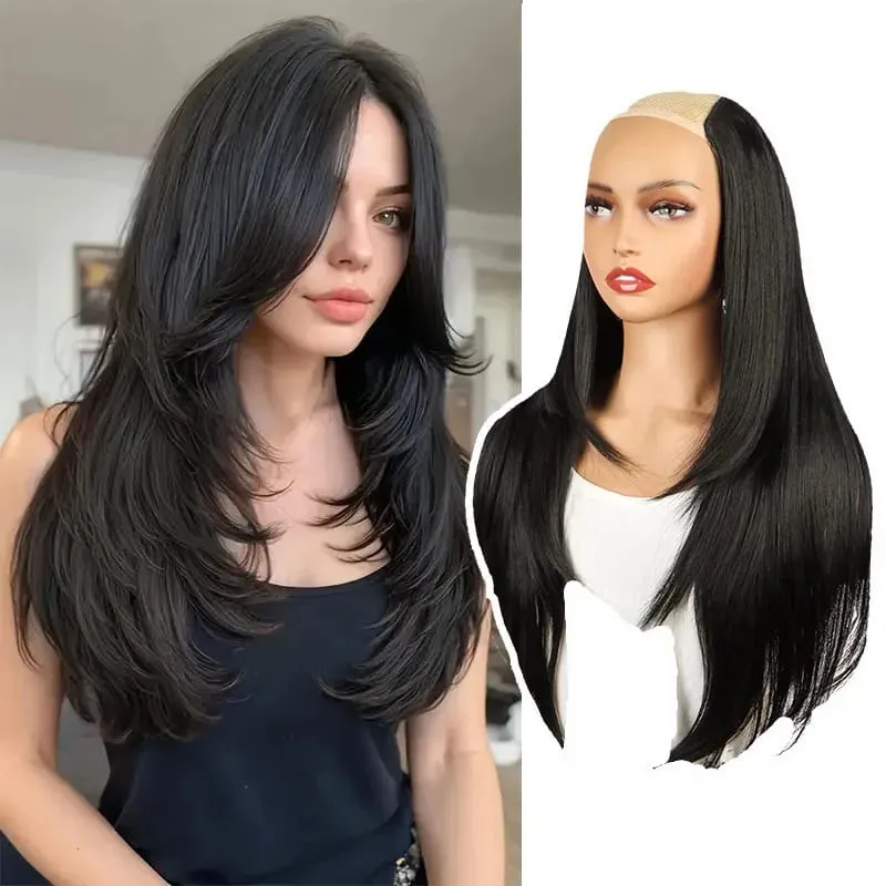 22 Polegada sintético longo micro encaracolado em camadas extensão do cabelo remendo natural olhando invisível peruca de uma peça para mulher — image 2