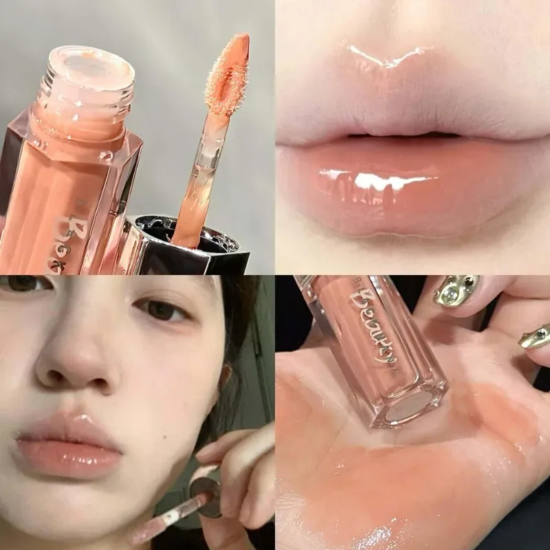 Gelo transparente marrom brilho labial hidratante batom líquido brilhante nude água luz espelho de vidro maquiagem de longa duração