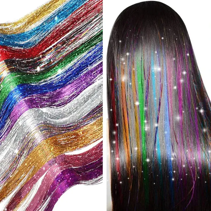 Extensões de cabelo sintéticas brilhantes, 93/120cm, fios coloridos de arco-íris, para meninas, cabelo, decoração falsa a laser