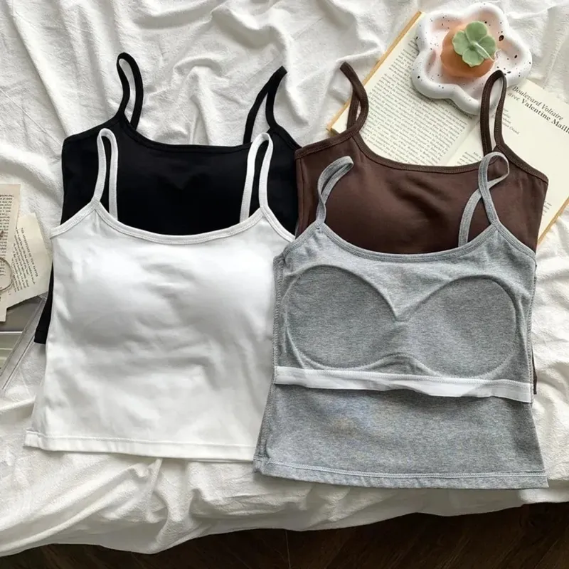 1 peça coreana feminina cor sólida alças finas sem mangas camisola fina com almofada no peito