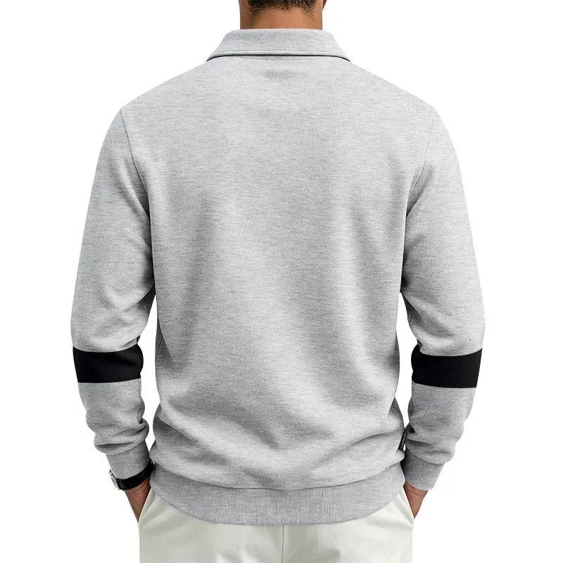 Men Lapel Polo Sweatshirt, Color Block Long Sleeve Pullover, Loose Solid Casual Top for Spring Autumn Daily Outfit