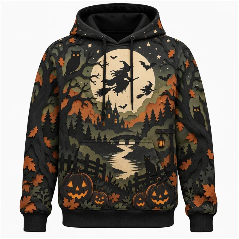 Halloween Hoodie 2026 Retro Graphic Pullover Haunted Adventure Gothic Night Streetwear Pumpkin Ghost Skeleton Moon Forest Unisex