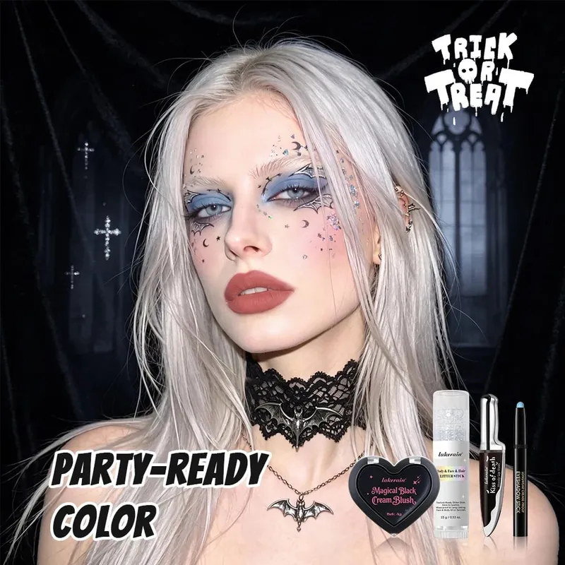 Conjunto de maquiagem gótica para halloween, 5 peças, mancha labial, creme escuro, blush, sombra, delineador com glitter, com bolsa, cosplay, festa, rosto e corpo