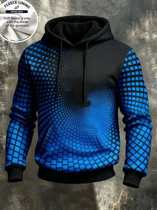Moletom com capuz de lã com estampa 3D azul espiral grade ilusão óptica pulôver manga comprida bolso canguru casual moletom tops