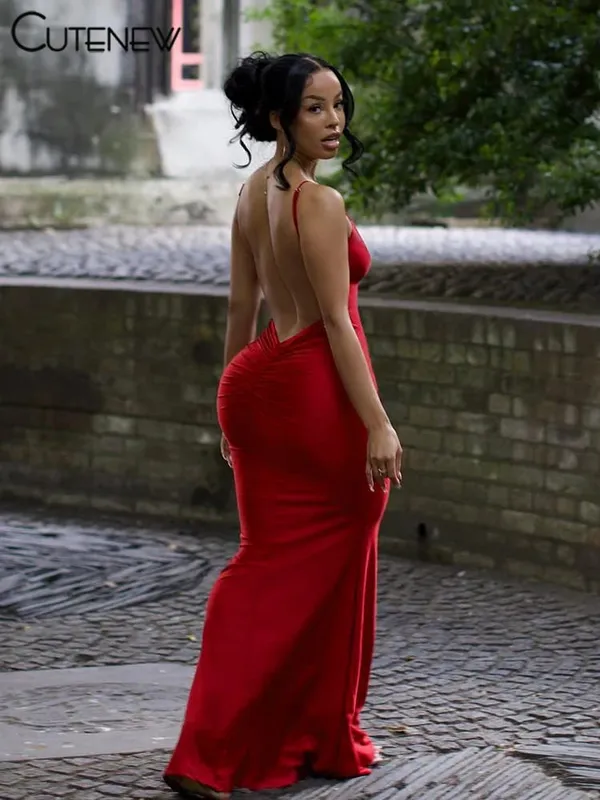 Nibber vermelho brilhante cinta de espaguete maxi vestido feminino sólido sexy sem costas ruched decote corpo-shaping robe senhora hipster streetwear