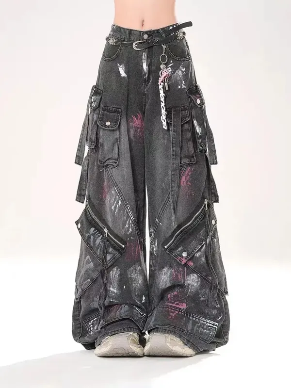 2000s y2k indústria pesada calças de arrasto gótico multi-bolso hip hop calças de perna larga lavadas calças de brim pretas homens e mulheres calças de rua